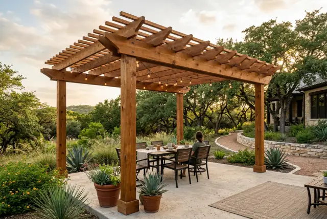 A cedar pergola with string lights over an outdoor dining table in a Texas backyard